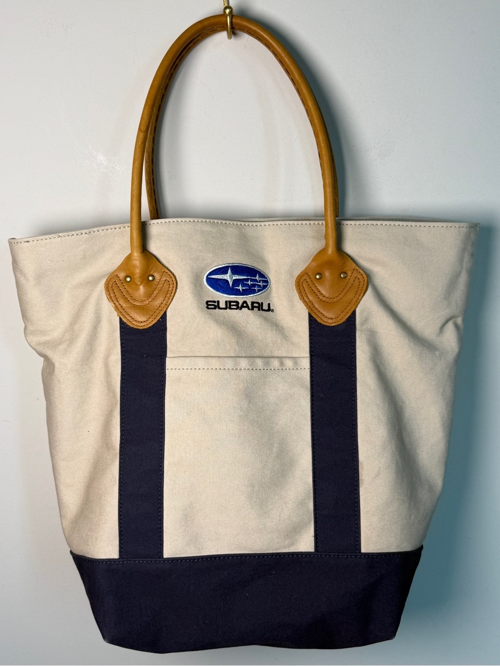 Vintage L.L.Bean x Subaru Boat & Tote Canvas Bag Natural Navy Leather Flannel